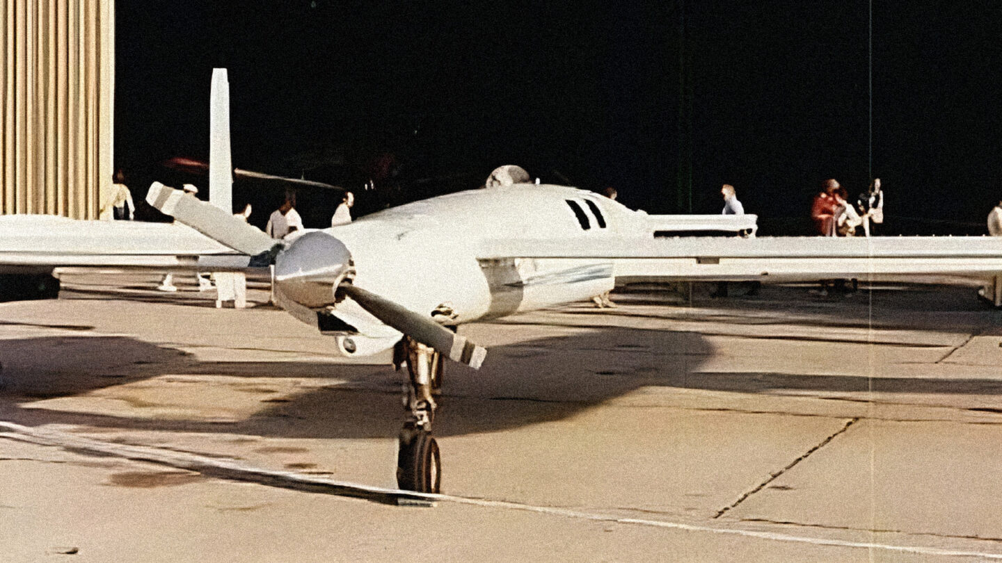 This image shows the Rutan Model 76 Voyager, which first took off from Edwards Air Force Base in the Mojave Desert in 1986.