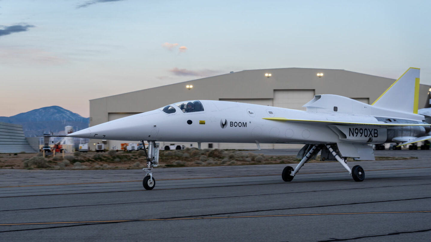 XB-1, Boom's supersonic demonstrator on the runway at the Mojave Air & Space Port. 