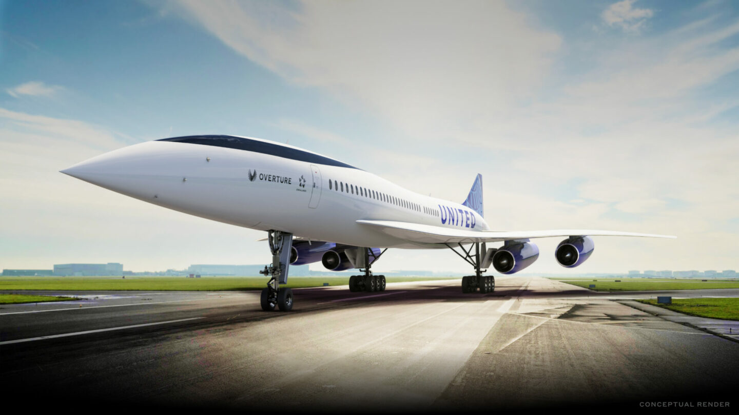 Boom's supersonic airliner, Overture, with a United Airlines livery.