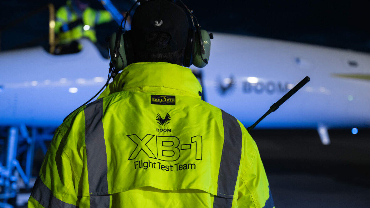 XB-1 Flight Test Team member standing in front of XB-1, Boom's supersonic demonstrator. 