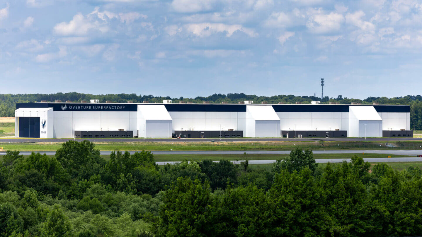 Overture Superfactory exterior view of the building and final assembly line.