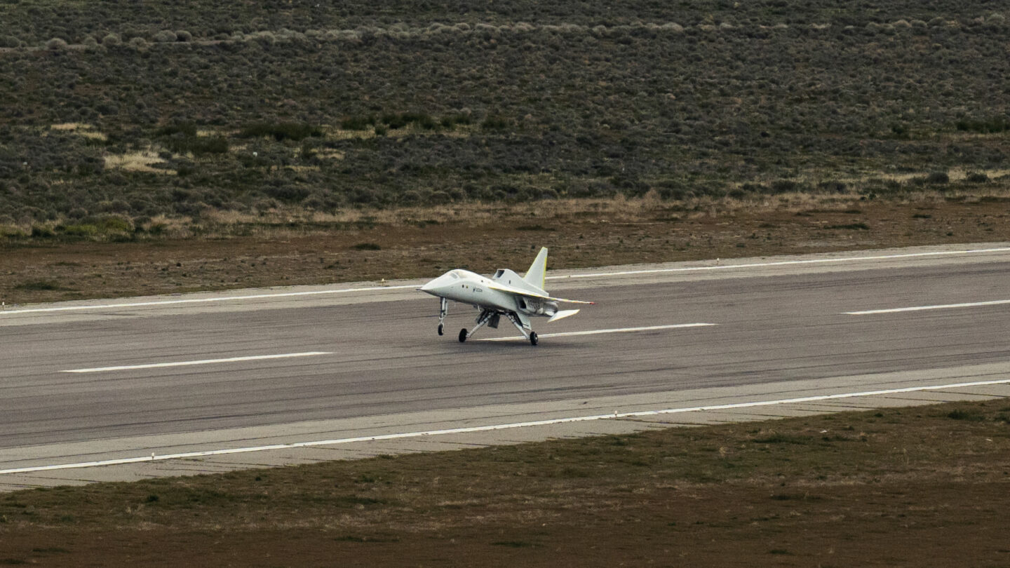 XB-1, Boom's supersonic demonstrator, performing a high-speed taxi test in preparation for first flight.