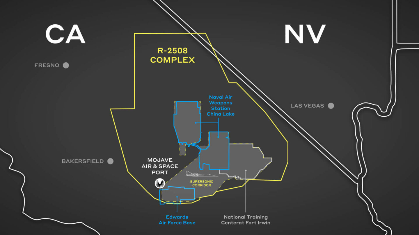 This image shows a map of the Mojave Air & Space Port and surrounding airspace. 